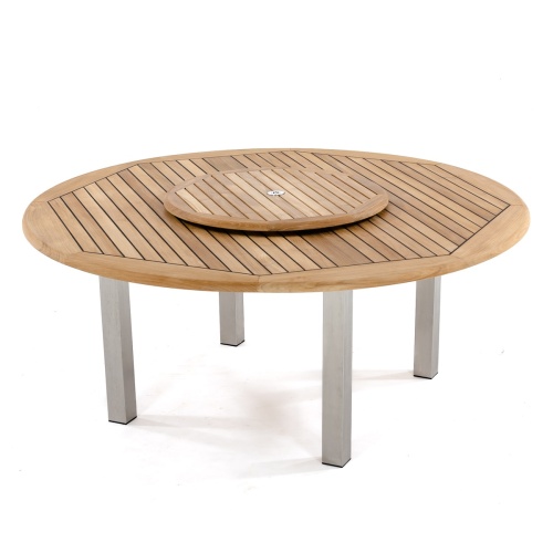 70444 Vogue teak and stainless steel round table showing umbrella hole with optional teak lazy susan side angled view on white background