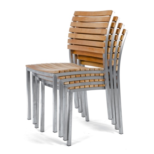 21007 Vogue teak and 304 stainless steel side chair left side view stacked 4 high on white background