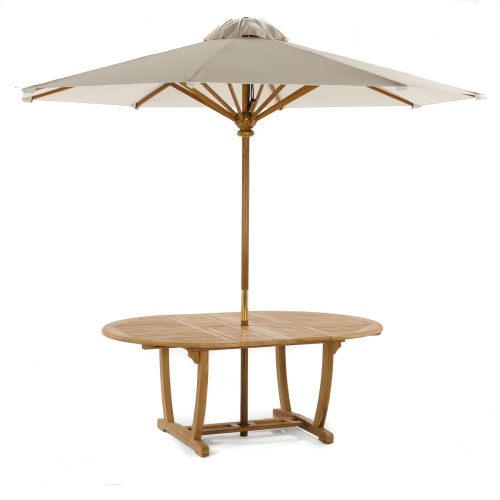 15548 Martinique Teak Extension Table with optional 10 ft Round Umbrella in table center angled side view on white background