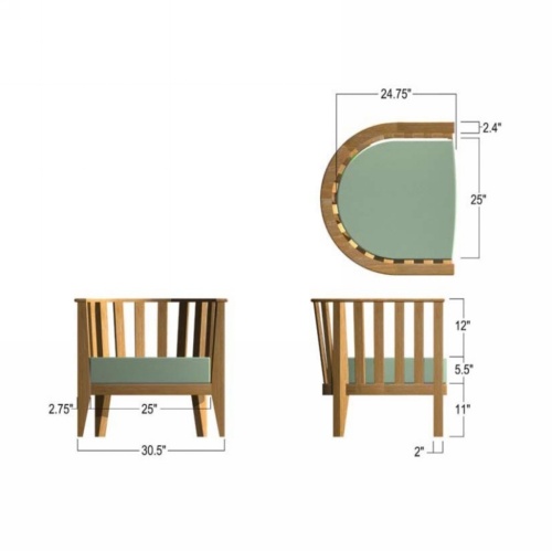 12170DP Kafelonia Teak CLub Chair showing autocad of front and side and seat views on white background