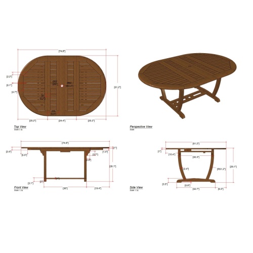 15548 Martinique teak extension oval Dining Table showing autocad of extended position view on white background