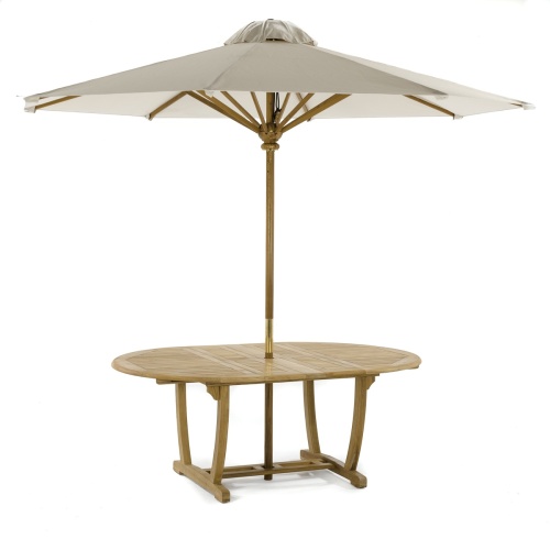 15548 Martinique teak extension Oval Dining Table with optional open 10 ft Round market Umbrella in side angled view closed position on white background