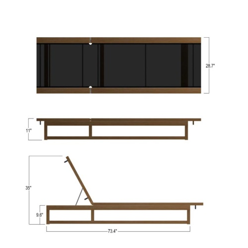 70939 Maya Teak Sling Lounger in black textilene mesh showing autocad in overview and side view fully reclined and in side upright position on white background