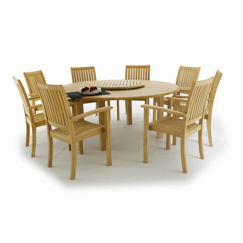 70154 Buckingham 9 piece teak Dining Set of 8 armchairs and round teak dining table with optional Lazy Susan on table center angled on white background 