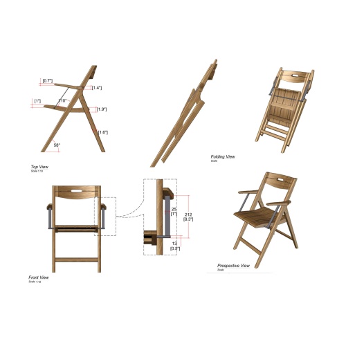 70804 Surf Marine Grade teak armchair autocad of different views on white background