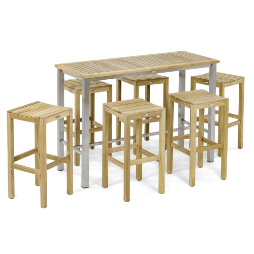 Rectangular Backless Teak Bar Table & Stool Set - Picture A